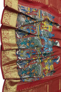 Multicolor Kalamkari Hand Painted Pure Silk Dupatta With Kanjeevaram Border - Luxurion World