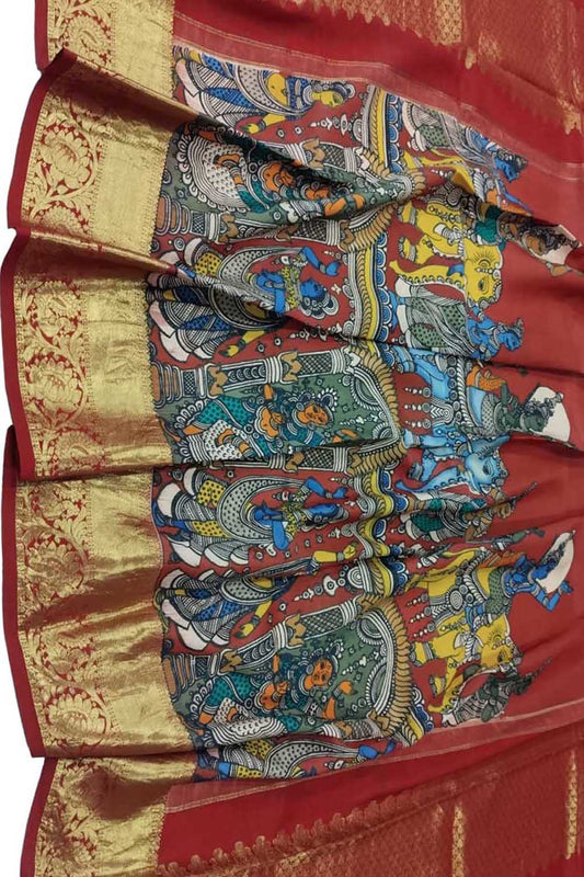 Multicolor Kalamkari Hand Painted Pure Silk Dupatta With Kanjeevaram Border - Luxurion World