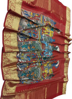 Multicolor Kalamkari Hand Painted Pure Silk Dupatta With Kanjeevaram Border - Luxurion World