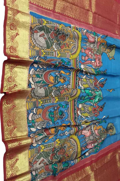 Multicolor Kalamkari Hand Painted Pure Silk Dupatta With Kanjeevaram Border - Luxurion World