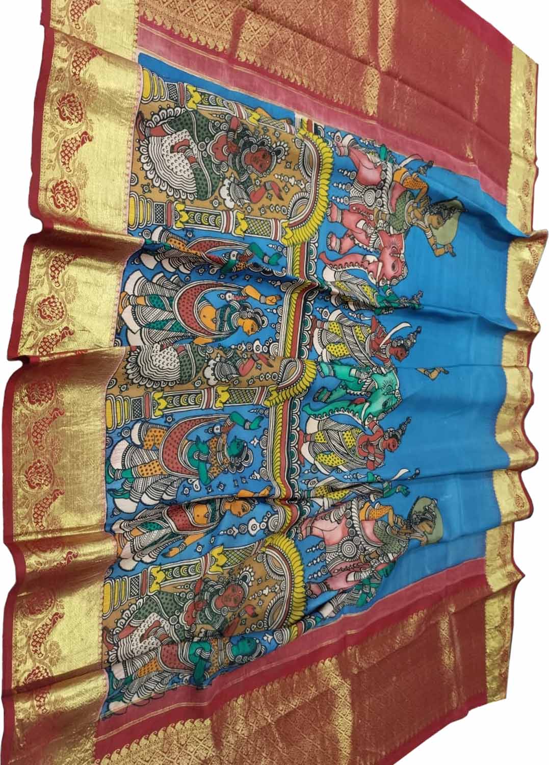Multicolor Kalamkari Hand Painted Pure Silk Dupatta With Kanjeevaram Border - Luxurion World