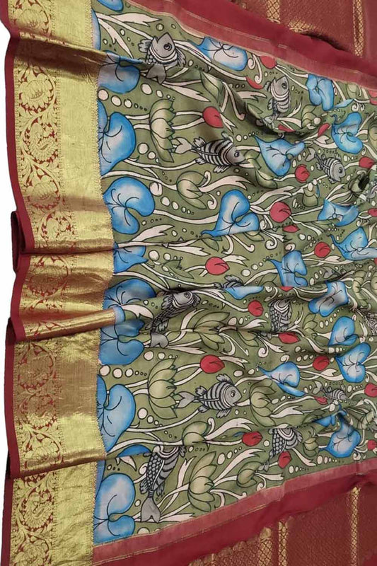 Multicolor Kalamkari Hand Painted Pure Silk Dupatta With Kanjeevaram Border - Luxurion World