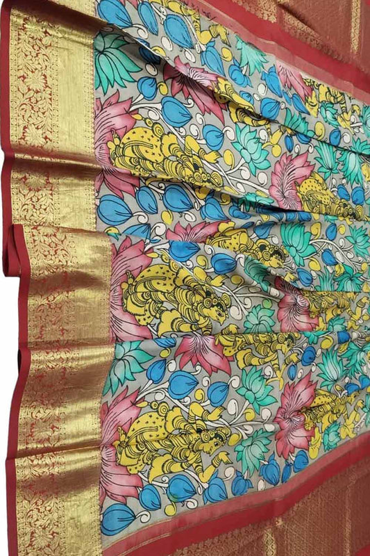 Multicolor Kalamkari Hand Painted Pure Silk Dupatta With Kanjeevaram Border - Luxurion World