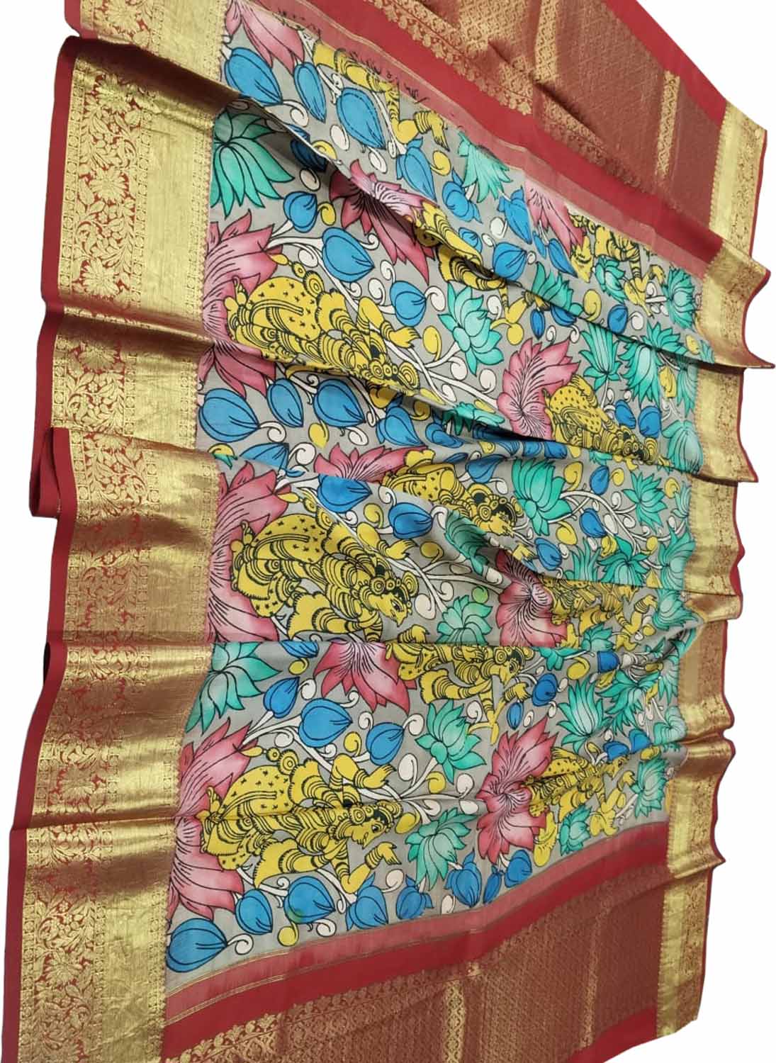 Multicolor Kalamkari Hand Painted Pure Silk Dupatta With Kanjeevaram Border - Luxurion World