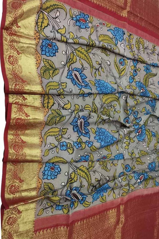Multicolor Kalamkari Hand Painted Pure Silk Dupatta With Kanjeevaram Border - Luxurion World