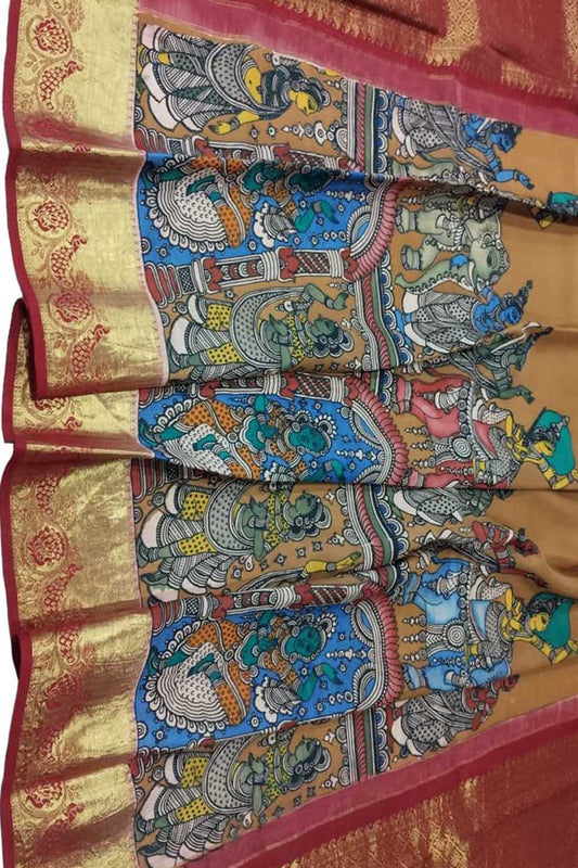 Multicolor Kalamkari Hand Painted Pure Silk Dupatta With Kanjeevaram Border - Luxurion World