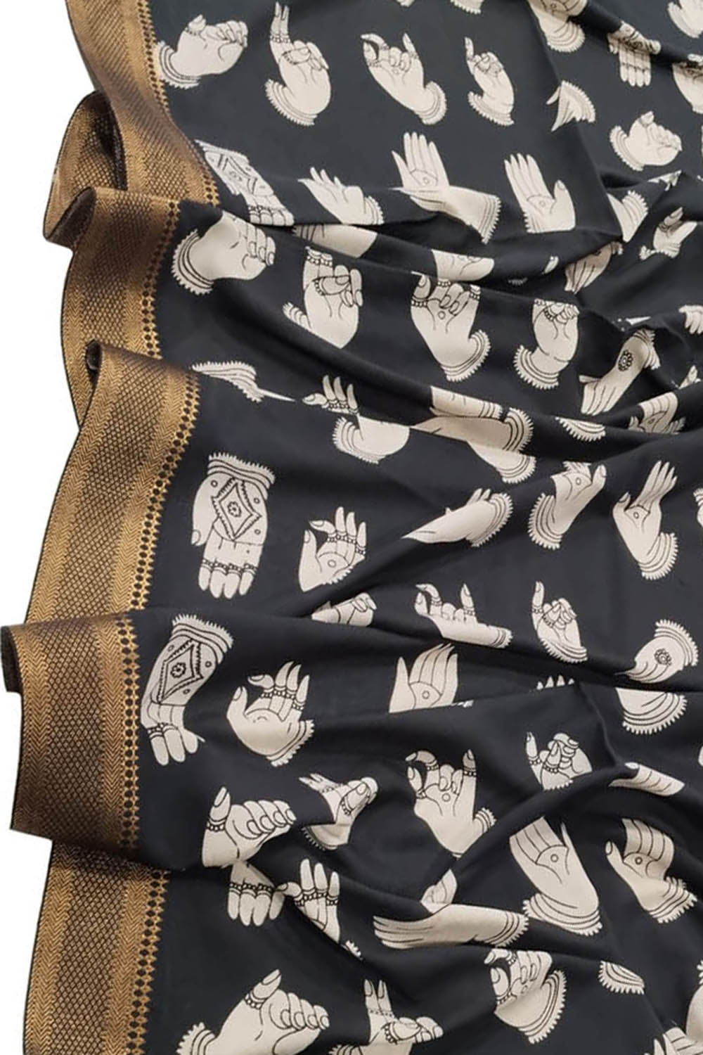 Black And White Kalamkari Hand Painted Pure Bangalore Silk Dupatta - Luxurion World