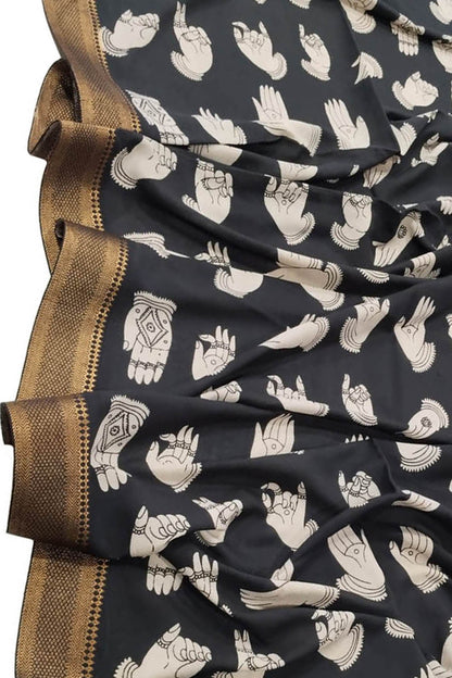 Black And White Kalamkari Hand Painted Pure Bangalore Silk Dupatta - Luxurion World