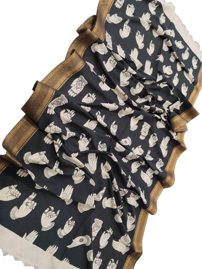 Black And White Kalamkari Hand Painted Pure Bangalore Silk Dupatta - Luxurion World