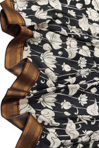 Black And White Kalamkari Hand Painted Pure Bangalore Silk Dupatta - Luxurion World