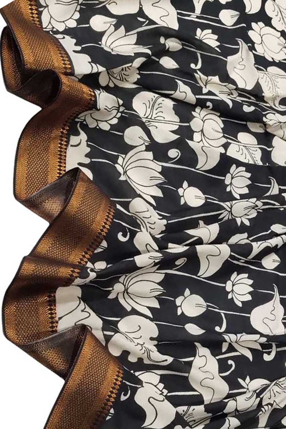 Black And White Kalamkari Hand Painted Pure Bangalore Silk Dupatta - Luxurion World