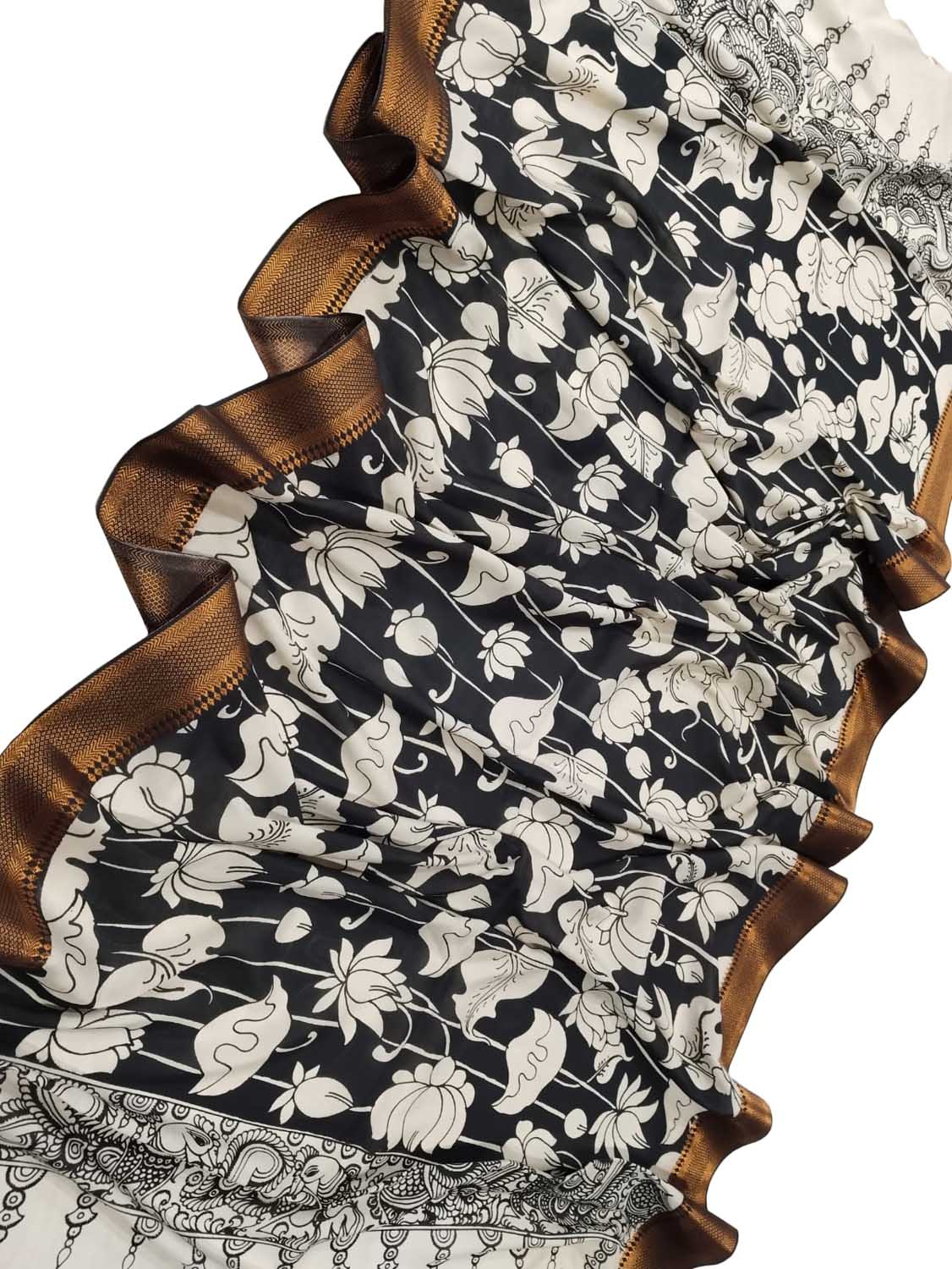 Black And White Kalamkari Hand Painted Pure Bangalore Silk Dupatta - Luxurion World