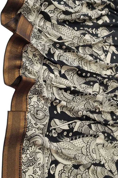 Black And White Kalamkari Hand Painted Pure Bangalore Silk Dupatta - Luxurion World