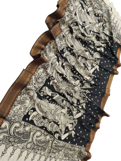 Black And White Kalamkari Hand Painted Pure Bangalore Silk Dupatta - Luxurion World
