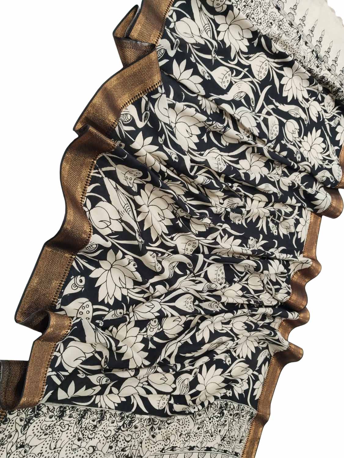 Black And White Kalamkari Hand Painted Pure Bangalore Silk Dupatta - Luxurion World