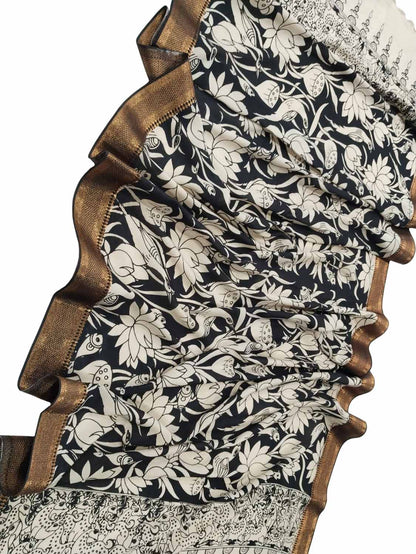 Black And White Kalamkari Hand Painted Pure Bangalore Silk Dupatta - Luxurion World