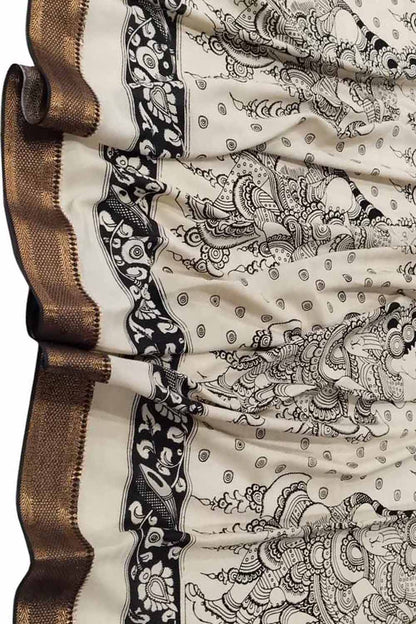 Black And White Kalamkari Hand Painted Pure Bangalore Silk Dupatta - Luxurion World