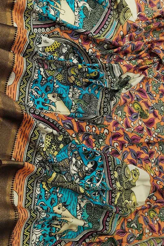 Multicolor Kalamkari Hand Painted Pure Bangalore Silk Dupatta - Luxurion World