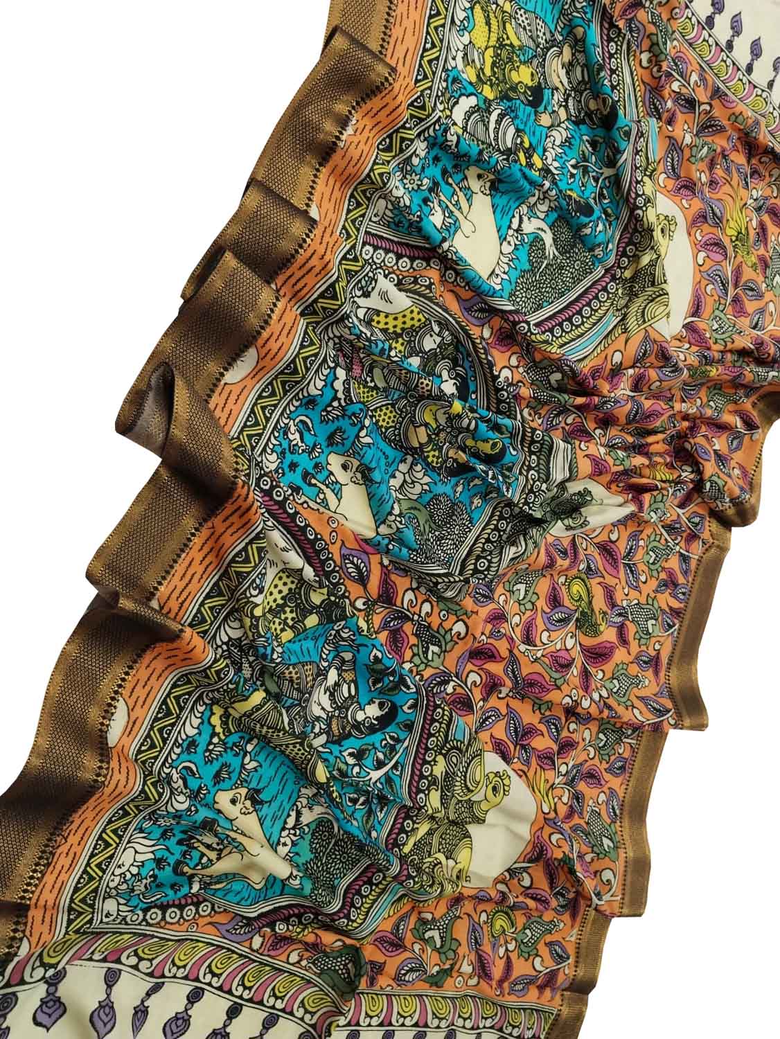Multicolor Kalamkari Hand Painted Pure Bangalore Silk Dupatta - Luxurion World