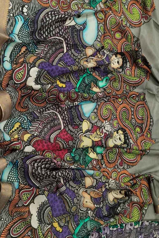 Multicolor Kalamkari Hand Painted Pure Bangalore Silk Dupatta - Luxurion World