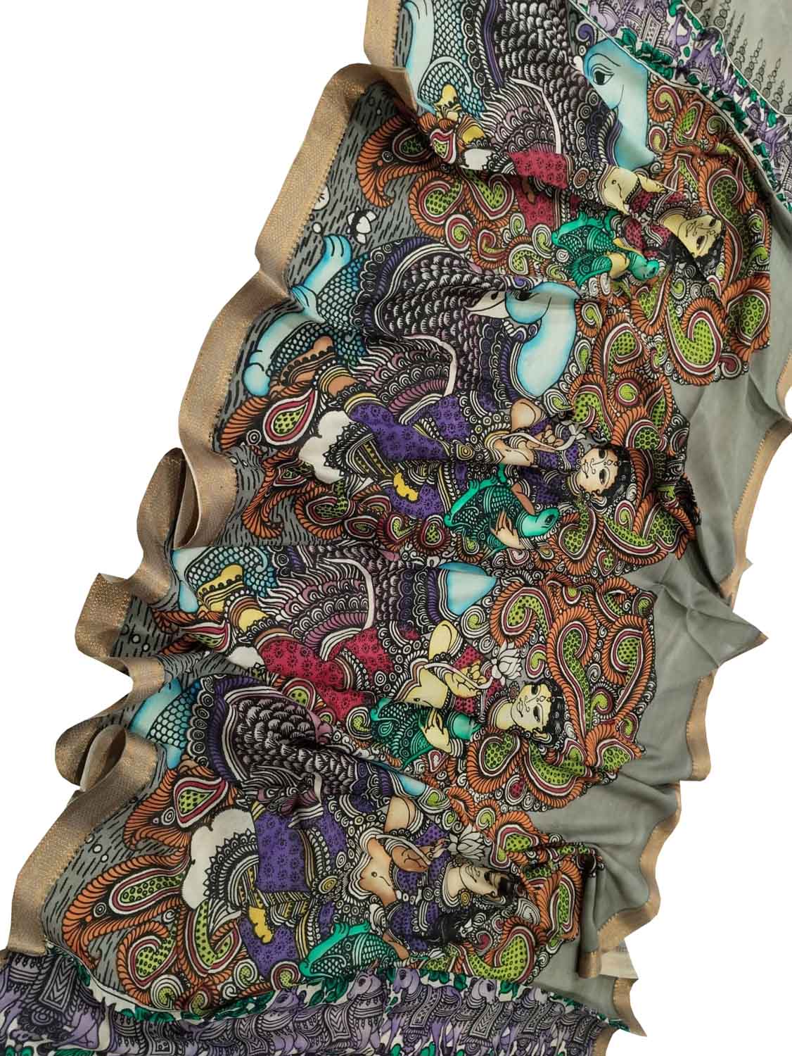 Multicolor Kalamkari Hand Painted Pure Bangalore Silk Dupatta - Luxurion World