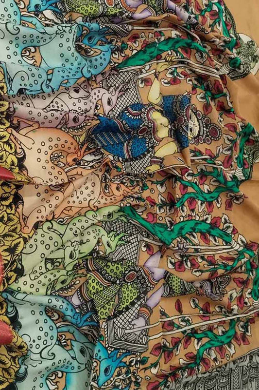 Multicolor Kalamkari Hand Painted Pure Bangalore Silk Dupatta - Luxurion World