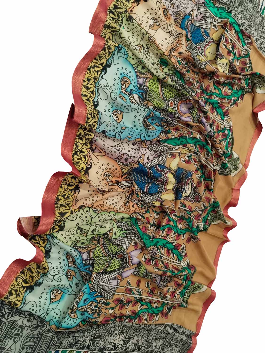 Multicolor Kalamkari Hand Painted Pure Bangalore Silk Dupatta - Luxurion World