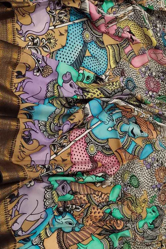 Multicolor Kalamkari Hand Painted Pure Bangalore Silk Dupatta - Luxurion World