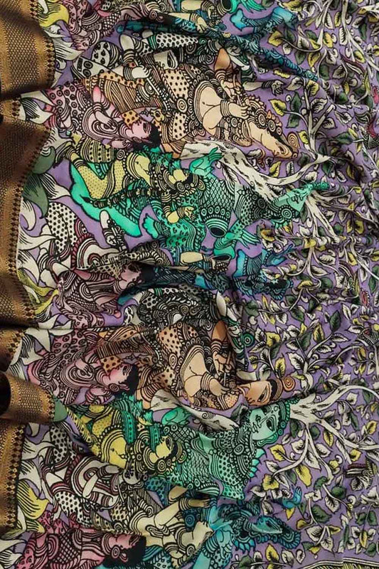 Multicolor Kalamkari Hand Painted Pure Bangalore Silk Dupatta - Luxurion World