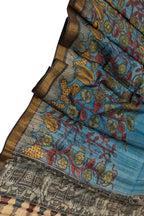 Blue Kalamkari Hand Painted Pure Tussar Silk Dupatta - Luxurion World
