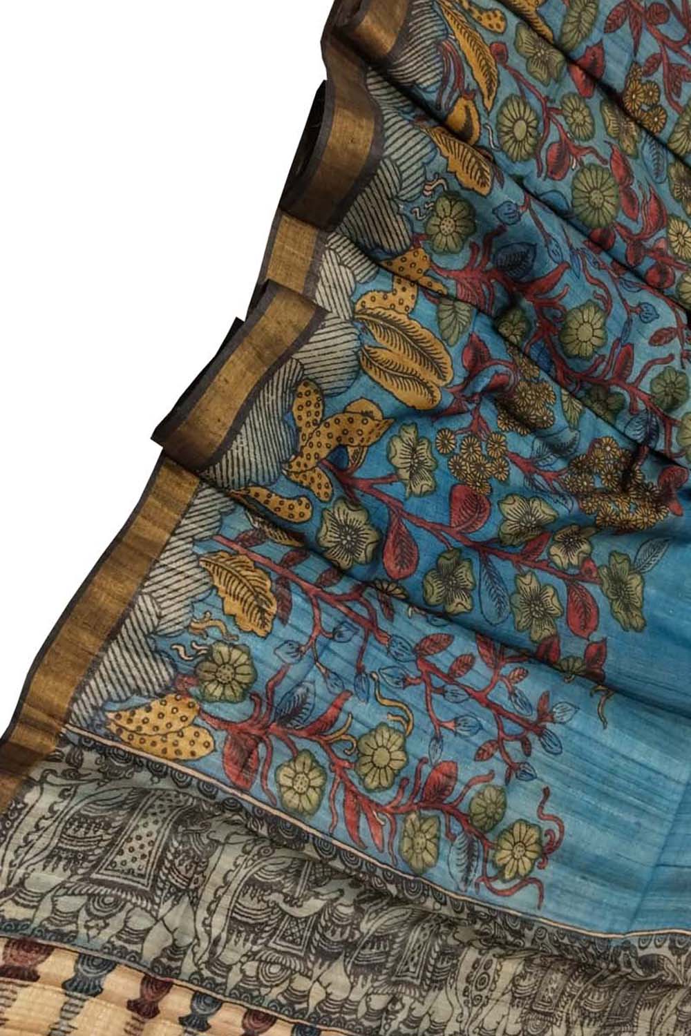 Blue Kalamkari Hand Painted Pure Tussar Silk Dupatta - Luxurion World
