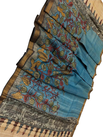 Blue Kalamkari Hand Painted Pure Tussar Silk Dupatta - Luxurion World