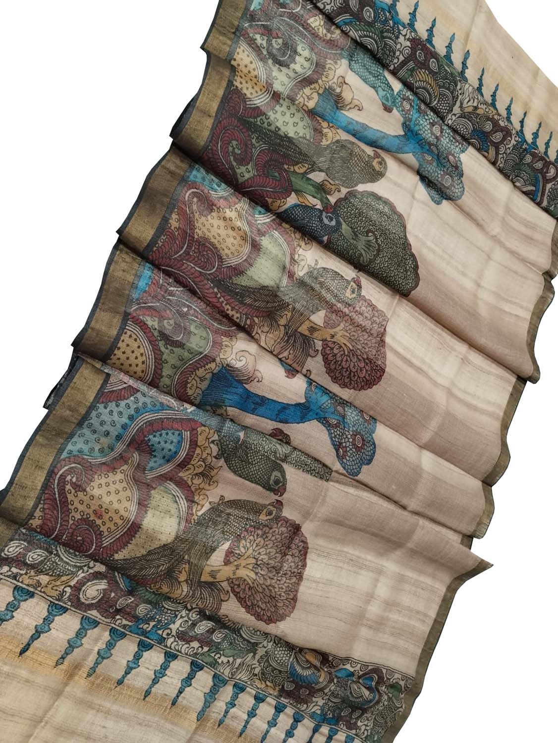 Pastel Kalamkari Hand Painted Pure Tussar Silk Dupatta - Luxurion World