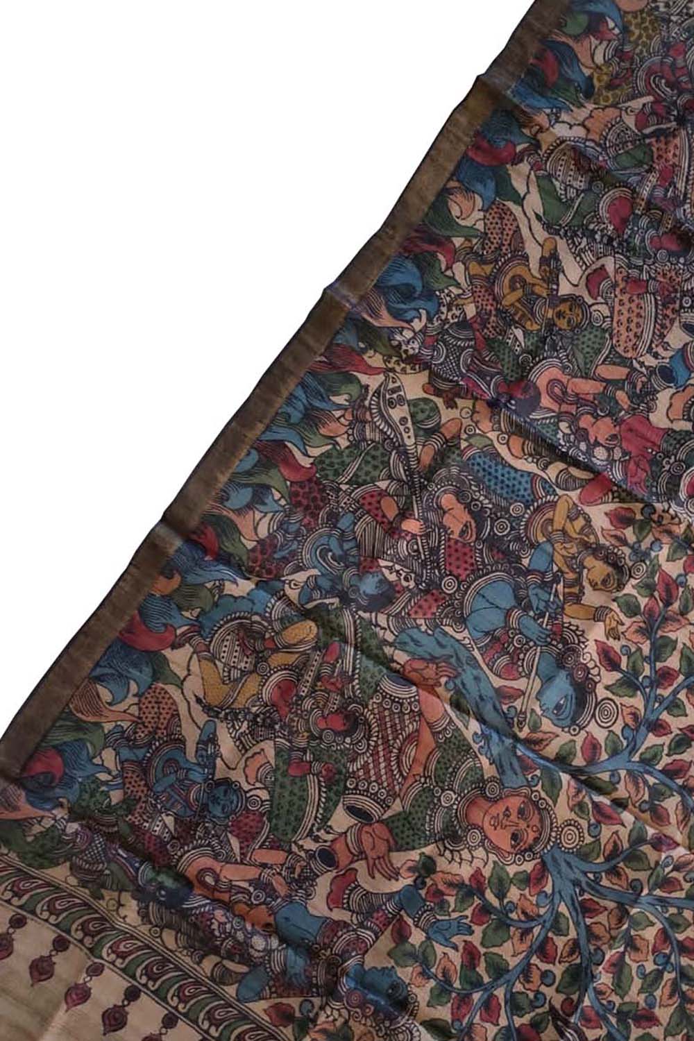Multicolor Kalamkari Hand Painted Pure Tussar Silk Dupatta - Luxurion World