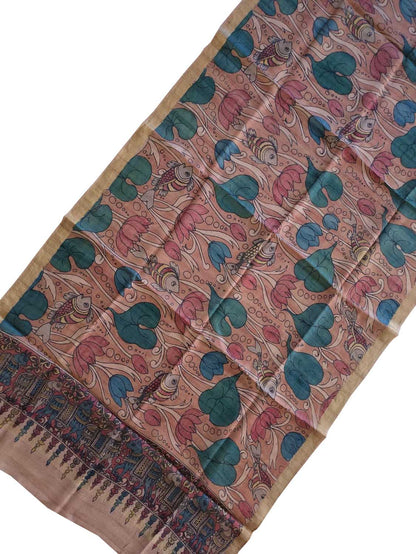 Multicolor Kalamkari Hand Painted Pure Tussar Silk Dupatta - Luxurion World
