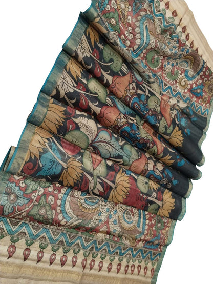 Multicolor Kalamkari Hand Painted Pure Tussar Silk Dupatta - Luxurion World