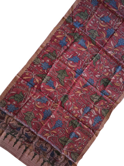 Multicolor Kalamkari Hand Painted Pure Tussar Silk Dupatta - Luxurion World