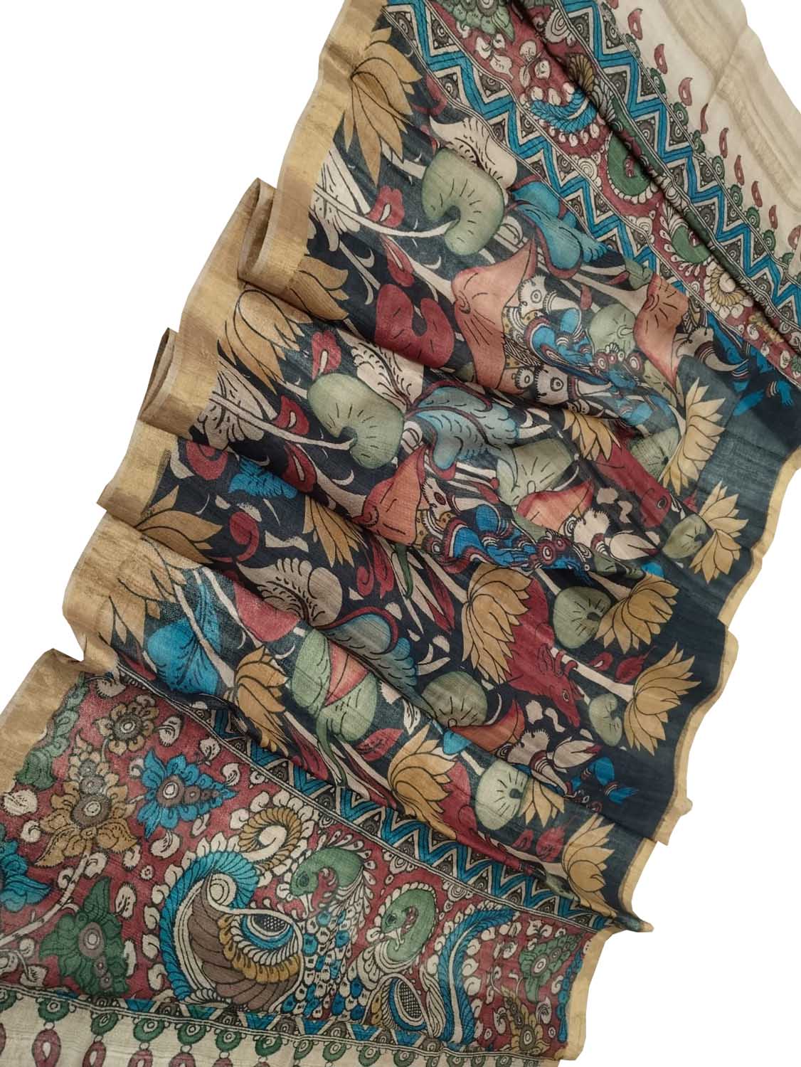 Multicolor Kalamkari Hand Painted Pure Tussar Silk Dupatta - Luxurion World