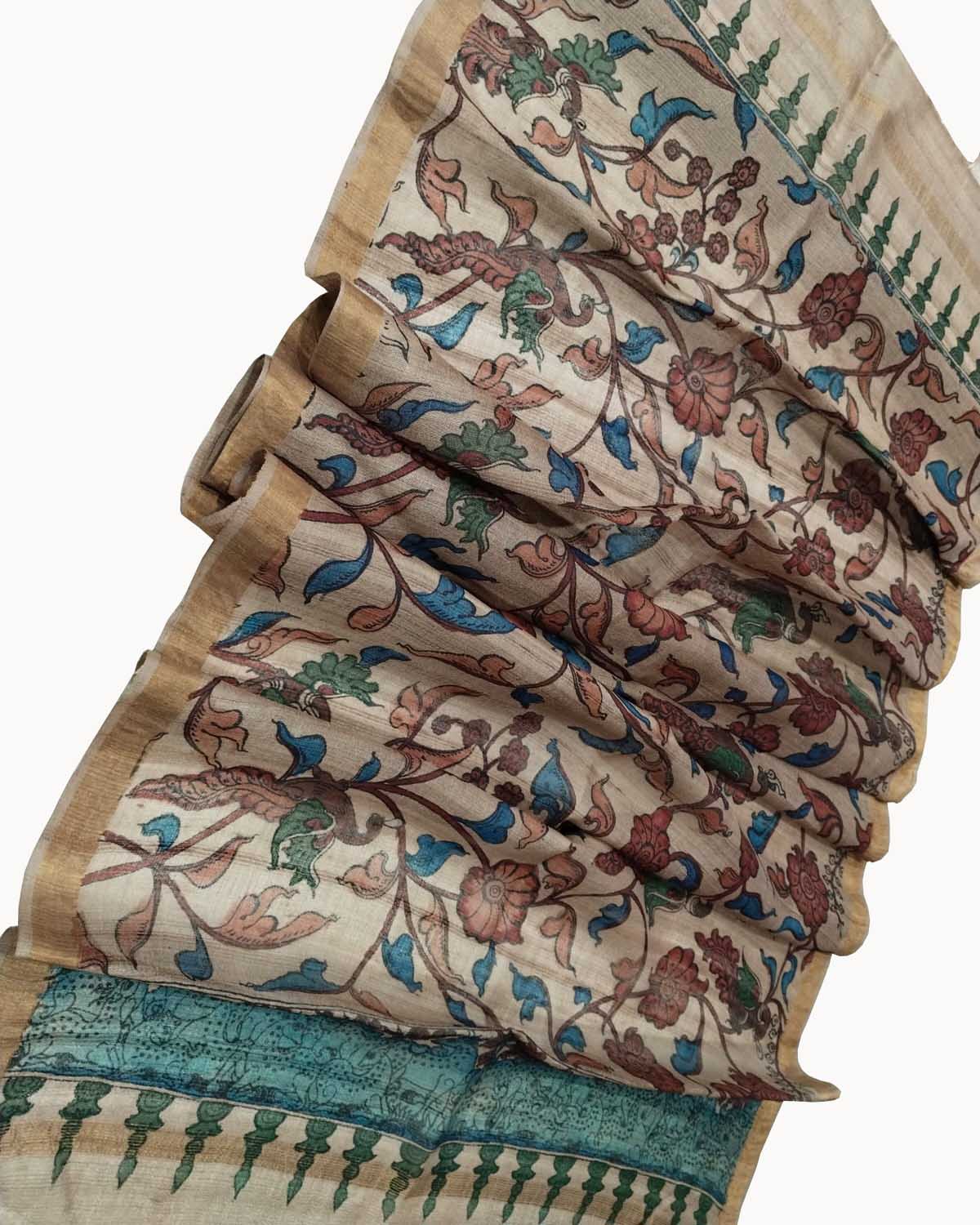 Pastel Pen Kalamkari Tussar Silk Dupatta: Elegant and Ethereal - Luxurion World