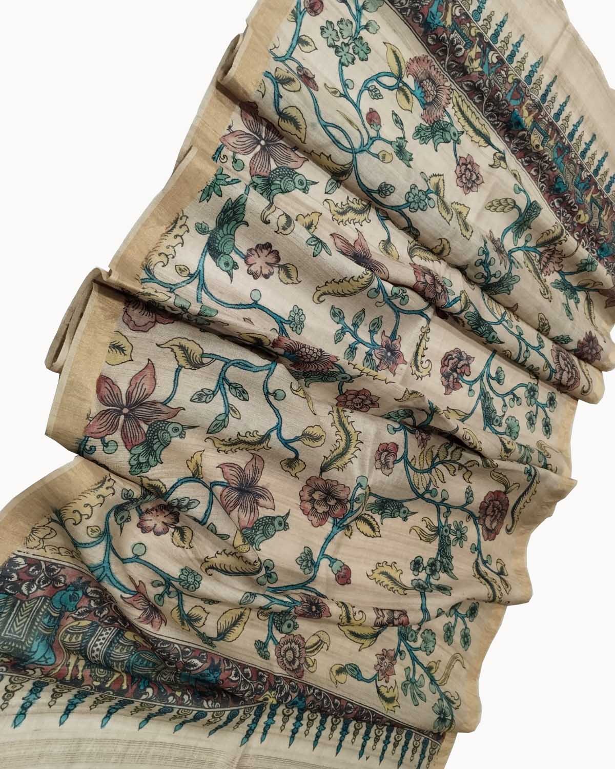 Pastel Pen Kalamkari Pure Tussar Silk Dupatta: Elegant and Ethereal - Luxurion World