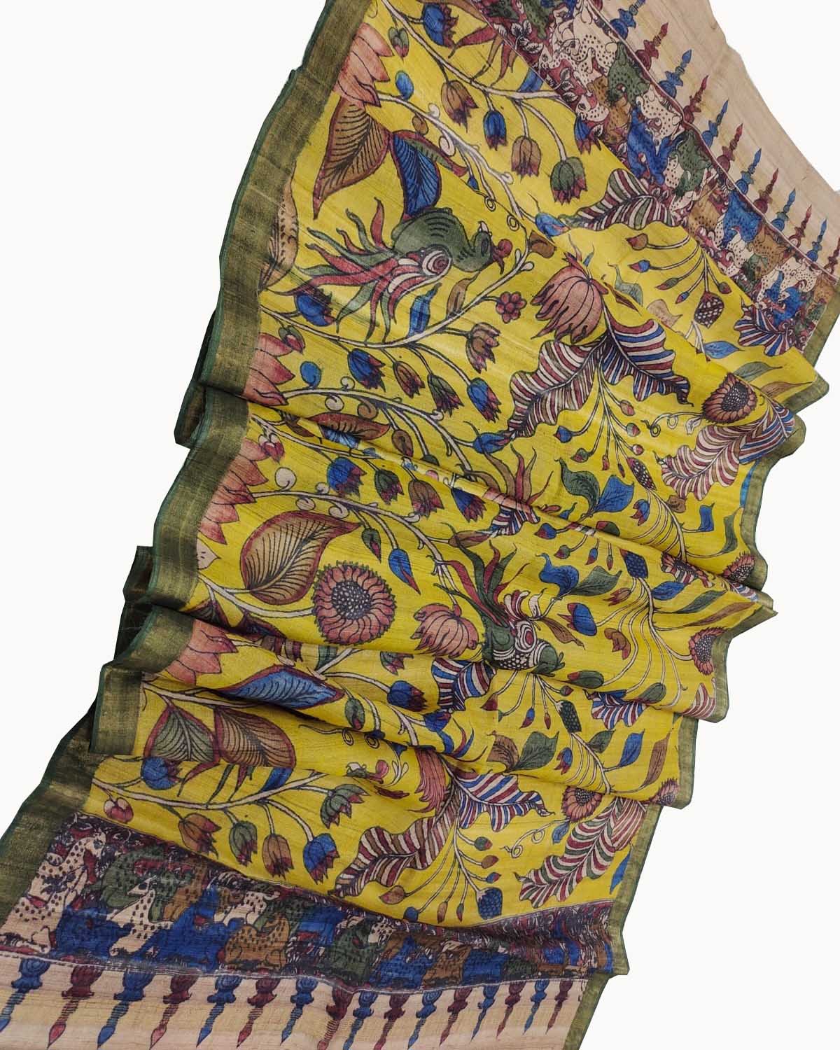 Stunning Yellow Pen Kalamkari Tussar Silk Dupatta: A Must-Have Accessory - Luxurion World