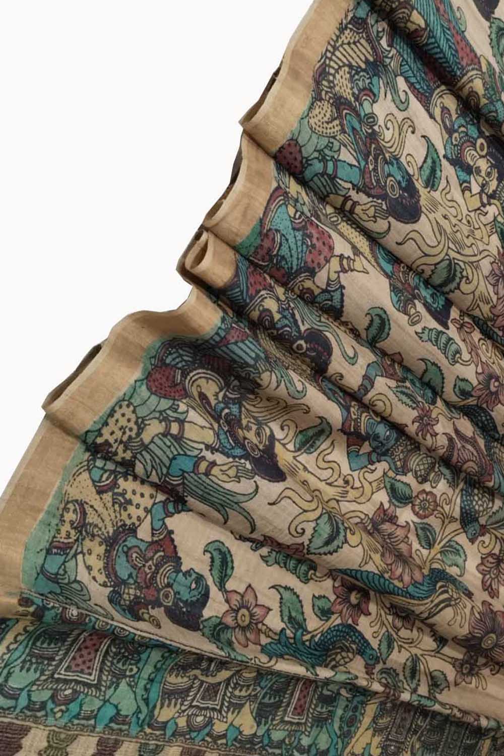 Pastel Pen Kalamkari Pure Tussar Silk Dupatta: Elegant and Ethereal - Luxurion World