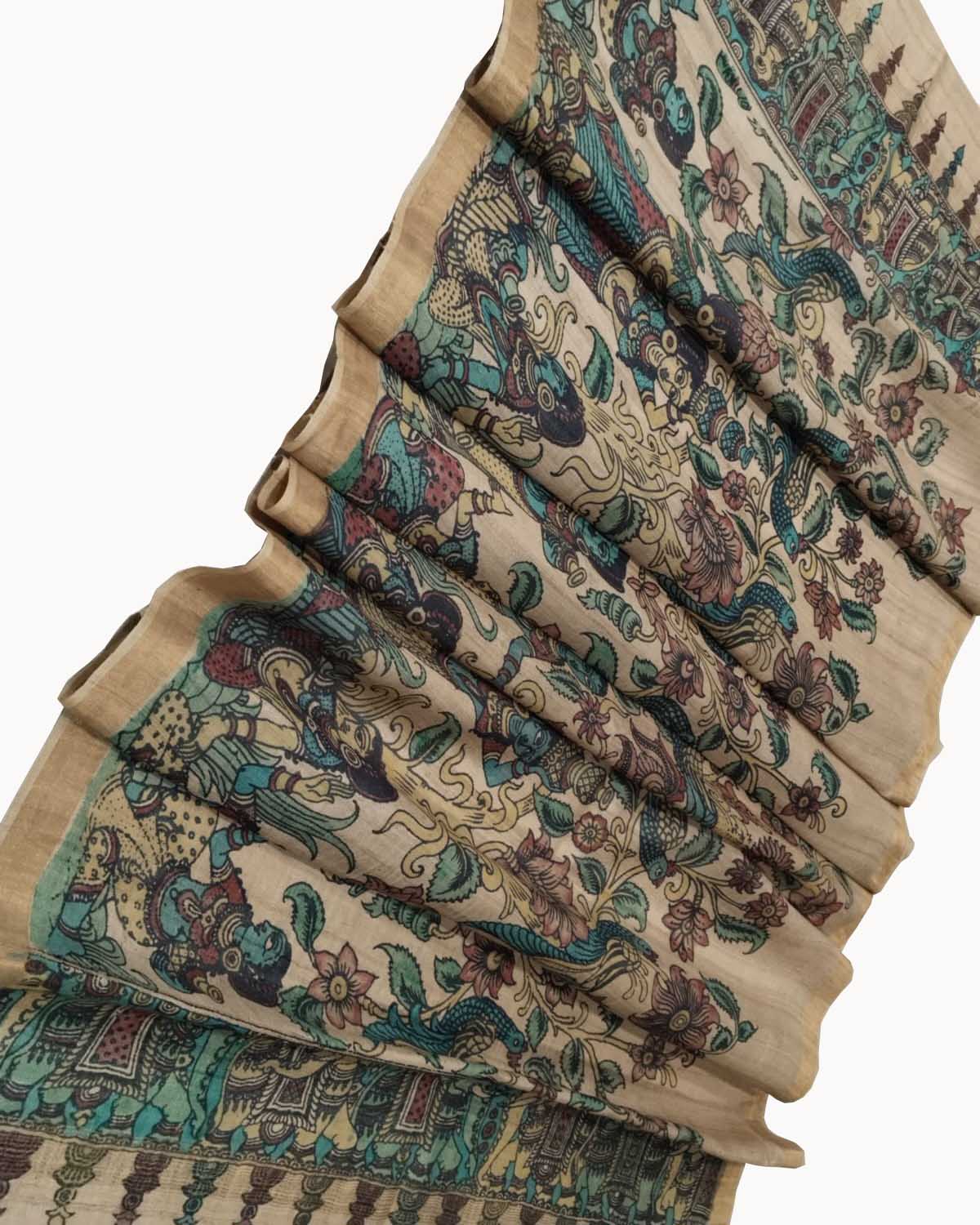 Pastel Pen Kalamkari Pure Tussar Silk Dupatta: Elegant and Ethereal - Luxurion World