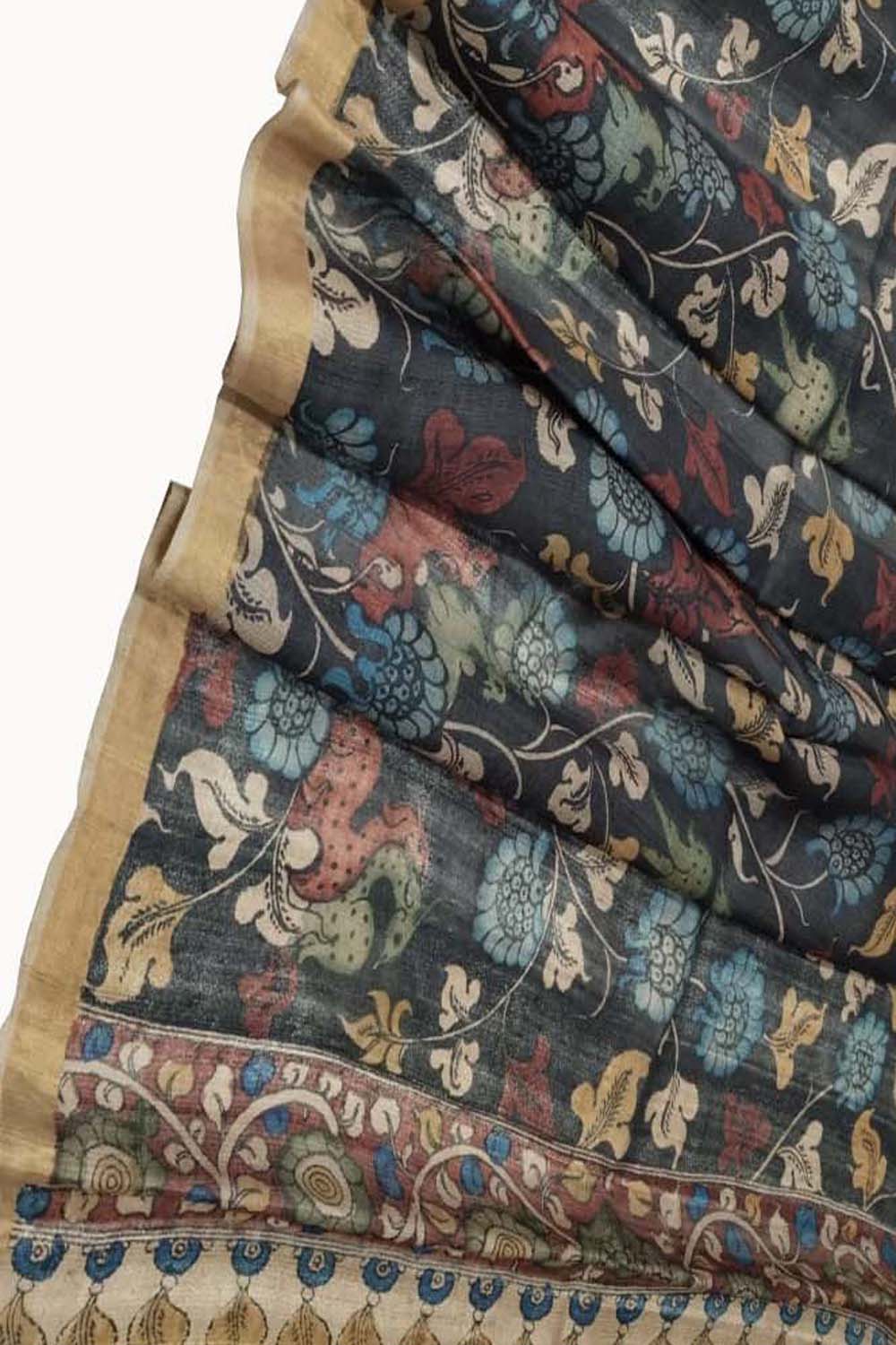 Elegant Black Pen Kalamkari Tussar Silk Dupatta - Luxurion World