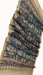 Elegant Black Pen Kalamkari Tussar Silk Dupatta - Luxurion World