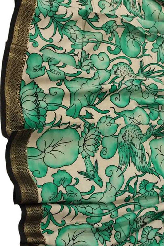 Pastel Green Kalamkari Pure Cotton Hand Painted Dupatta - Luxurion World