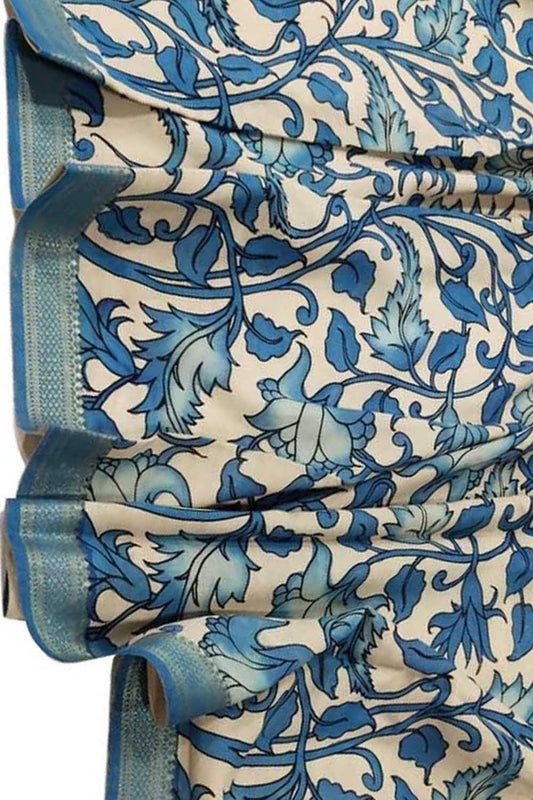 Pastel Blue Kalamkari Mangalgiri Cotton Hand Painted Dupatta - Luxurion World