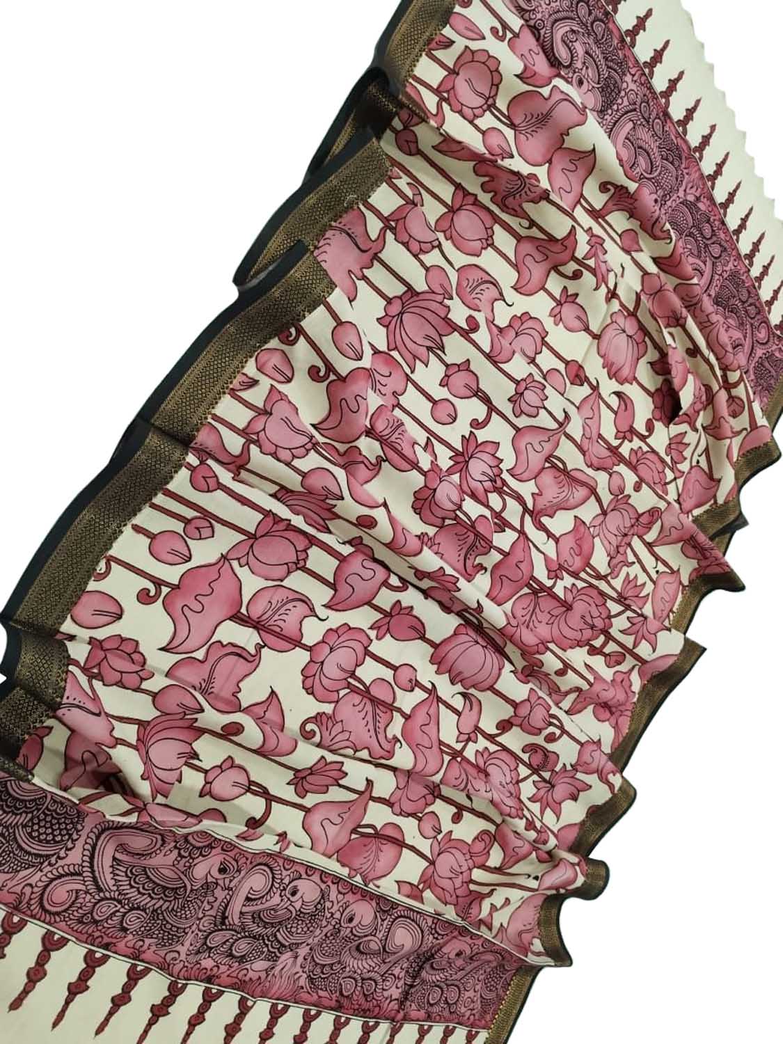 Pastel Pink Kalamkari Hand Painted Cotton Dupatta - Luxurion World