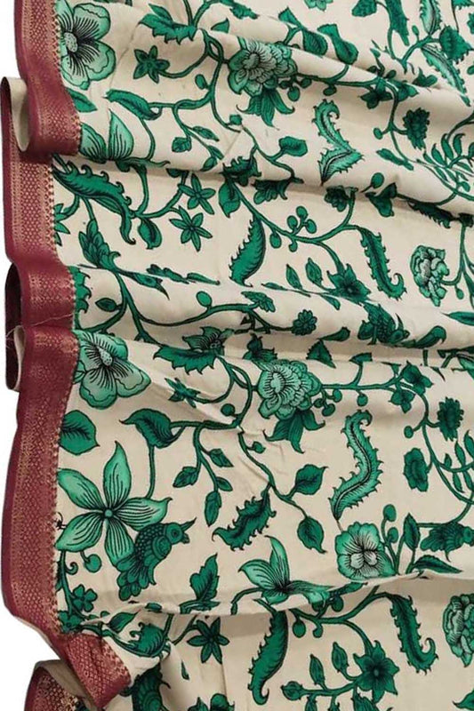 Pastel Green Kalamkari Pure Cotton Hand Painted Dupatta - Luxurion World