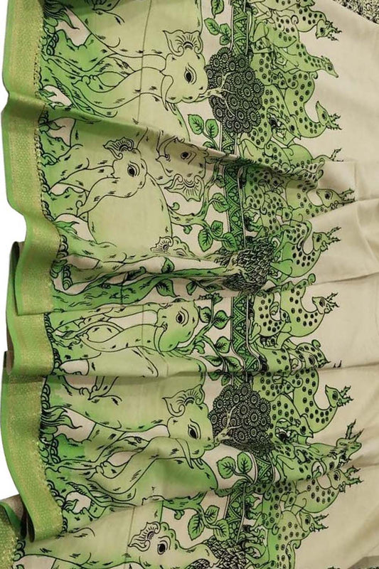Hand Painted Mangalgiri Cotton Dupatta in Green & Pastel - Luxurion World
